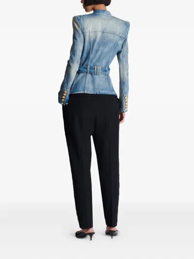 Balmain 1-button Belted Denim Jacket In Blue