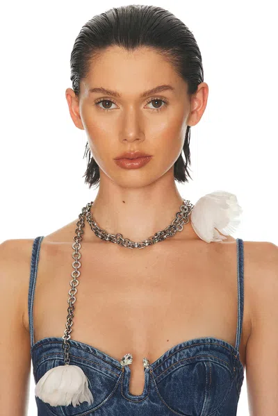 David Koma Feather Flower Chain Necklace In Metallic