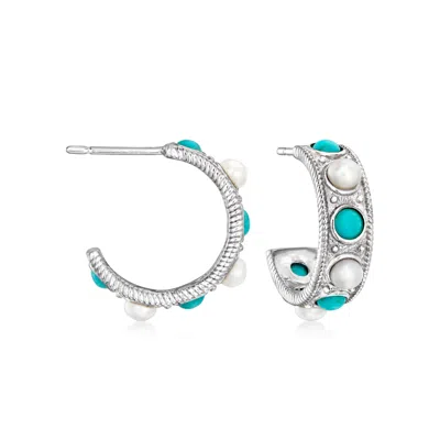 Ross-simons Turquoise And 3-3.5mm Cultured Pearl Hoop Earrings In Sterling Silver