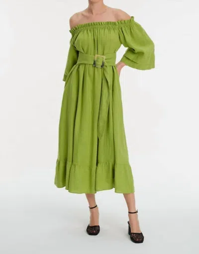 Exquise Off Shoulder Pleated Midi Linen Dress In Green In Green