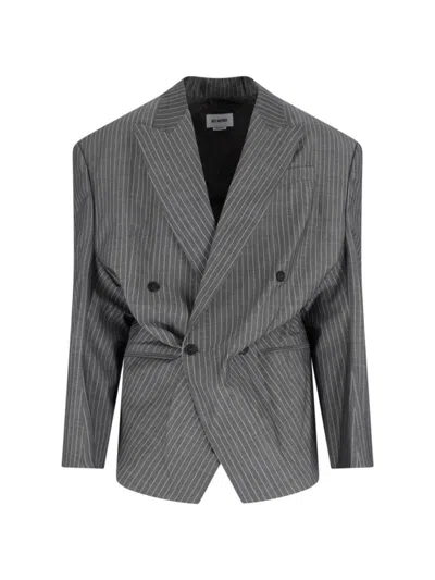 Hed Mayner Double-breasted Tailored Blazer With Pinstripe Pattern And Draped Details In Gray