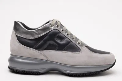 Hogan Interactive Allacciato Metallic-panel Suede Sneakers In Gray