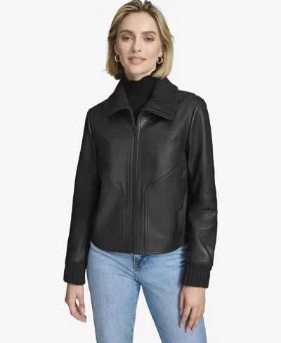 Andrew Marc Black Label Women's Beatrix Rib-knit Trimmed Leather Jacket In Black