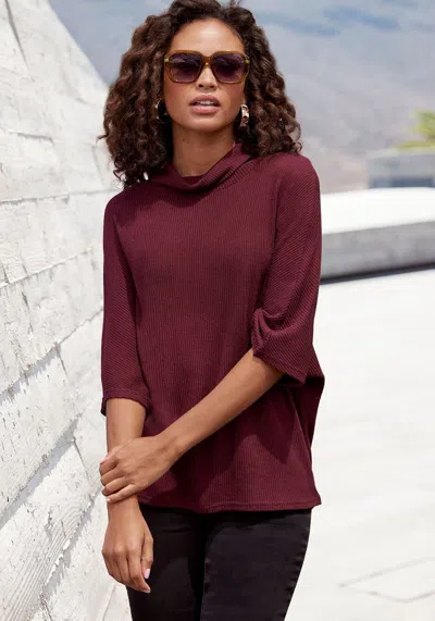 Lascana Women's High Neck Ribbed Top In Burgundy