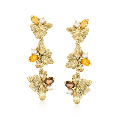 Ross-simons Citrine And . Smoky Quartz Floral Drop Earrings With 2.5-3mm Cultured Pearls In 18kt Gold Over Sterl