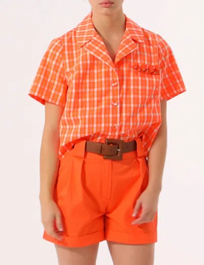 Exquise Embroidered Detailed Elastic Back Short Sleeve Cotton Shirt In Tangerine In Orange
