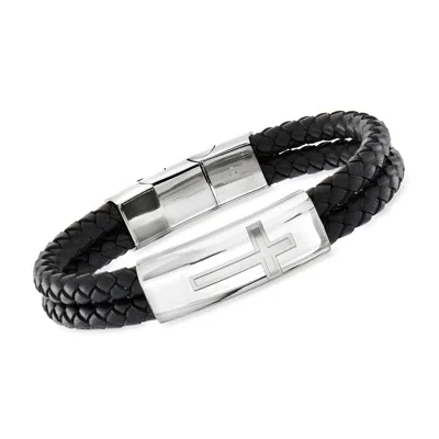 Ross-simons Men's Stainless Steel Cross Bracelet With Black Leather