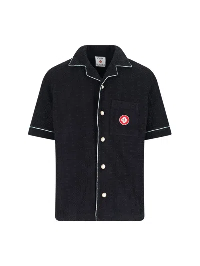 Casablanca Black Shirt With Classic Lapels And All-over Embossed Monogram In Black