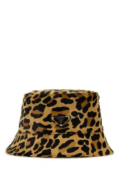 Prada Leopard Print Leather Bucket Hat In Multicolor