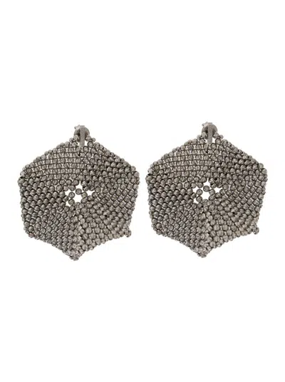 Brunello Cucinelli Metallic Hexagonal Earings With Beads Embellishments In Silver Woman In Grey
