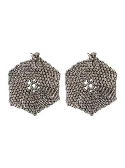 Brunello Cucinelli Metallic Hexagonal Earings With Beads Embellishments In Silver Woman In Grey