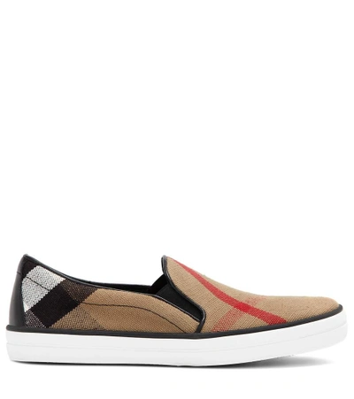 Shop Burberry Gauden Check Leather-trimmed Slip-on Sneakers In Black