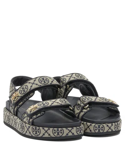 Tory Burch Kira Sports Monogram Slingback Flat Sandals In Blue