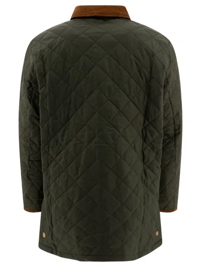 Barbour Quilted Long Length Jackets With Contrast Collar In Green