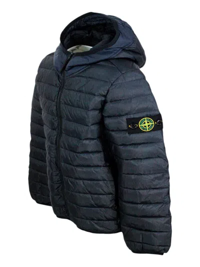 Stone Island 100 Gram Padded Down Jacket Made Of Recycled Crunchy Nylon. Zip Closure, Hood And Logo On The Sleeve In Blue
