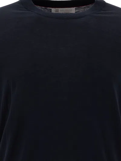 Brunello Cucinelli T-shirt In Maglia Fine Con Trama Fiammata T-shirts Blue