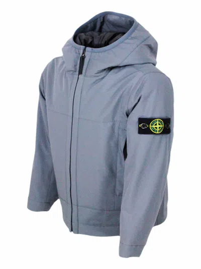 Stone Island Padded Jacket With Hood In Technical Fabric Made With Recycled Bottles E.dye Technology With Primalo In Blue