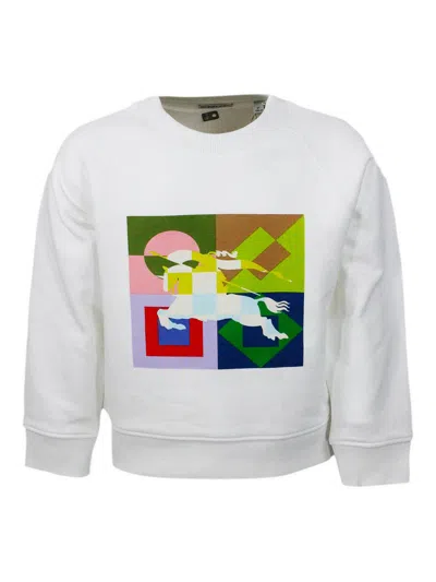 Burberry Crew-neck, Long-sleeved Sweatshirt In Soft Sponge-effect Cotton With Equestrian Knight Printed On A In White