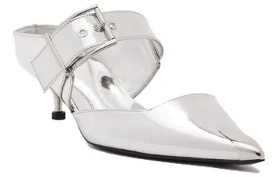 Alexander Mcqueen Pointed-toe Buckle-detailed Mules In Silver