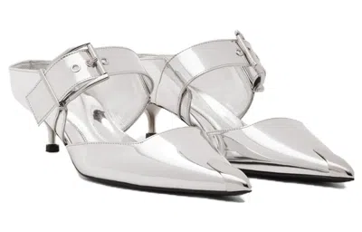 Alexander Mcqueen Pointed-toe Buckle-detailed Mules In Silver