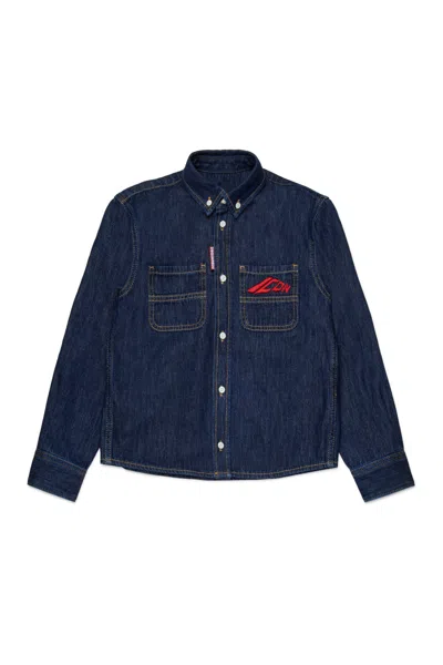 Dsquared2 Kids Icon Logo Embroidered Denim Shirt In Blue