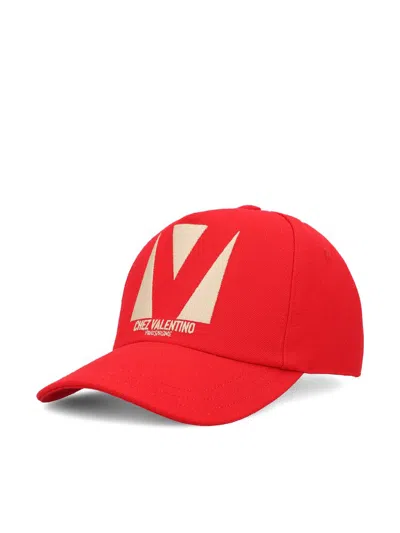 Valentino Black Cotton Baseball Cap In Red