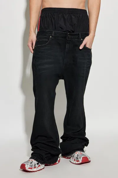 Balenciaga Layered Shell-trimmed Distressed Flared Jeans In Black