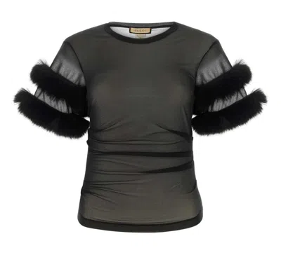 Gucci Sleeved Crewneck With Fur Trim And Ruched Detailing In Black