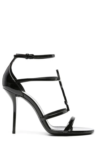 Saint Laurent Cassandra Logo-embellished Patent-leather Sandals In Black