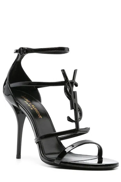 Saint Laurent Cassandra Logo-embellished Patent-leather Sandals In Black
