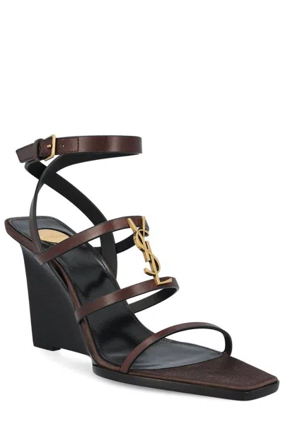 Saint Laurent Cassandra 90 Leather Wedge Sandal In Brown