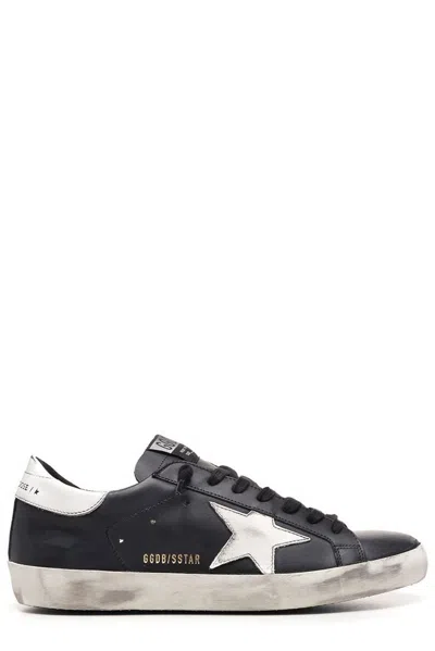 Golden Goose 'super-star' Black Low Top Sneakers With Logo Patch And Suede Details In Leather Man In Black
