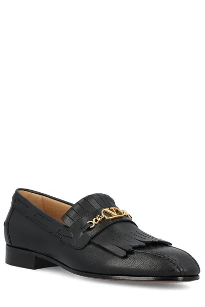 Valentino Vlogo Signature Kidskin Loafer With Fringes In Black
