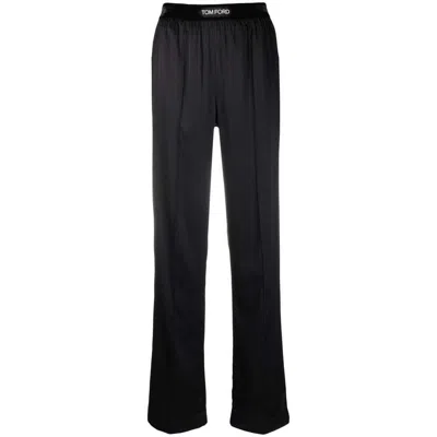Tom Ford Black Loose Pants With Logo In Stretch Silk Woman  In Black