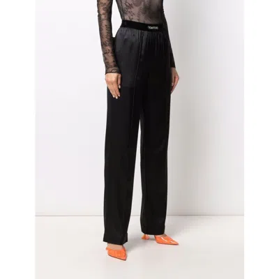 Tom Ford Black Loose Pants With Logo In Stretch Silk Woman  In Black