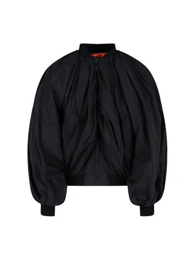 Balenciaga Black Bomber Draped Jacket With Elastic Rear Hem In Tech Fabric Woman In Black