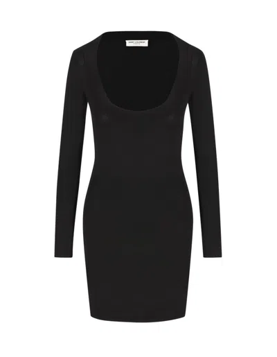 Saint Laurent Plunging Round Neck Long-sleeved Dress