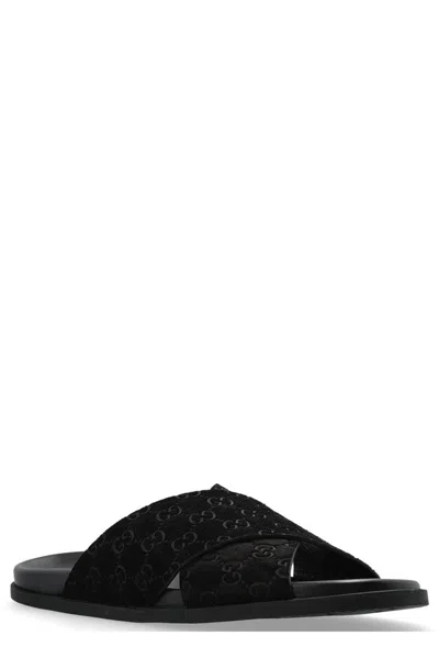 Gucci Men Leather Slides With All-over Gg Motif