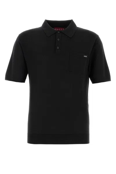 Gucci Black Polo Shirt With Chest Pocket And Embroidered Logo On The Front In Fine Silk Knit Man In Black