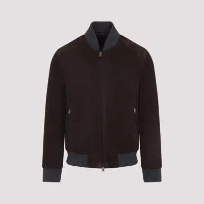 Brioni Ribbed Collar Bomber With Side Pockets In Brown