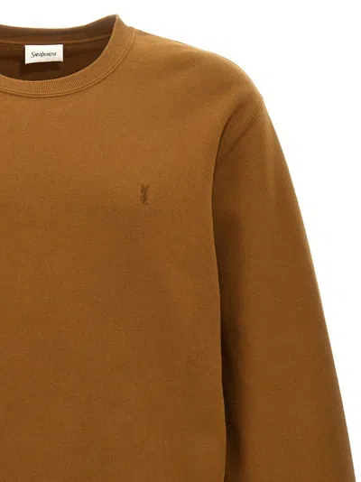 Saint Laurent Logo-embroidered Cotton Sweatshirt In Brown