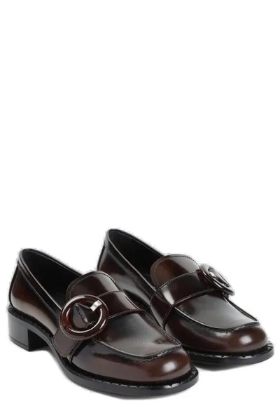 Prada Polished Brown Flat Shoes With Decorative Buckle