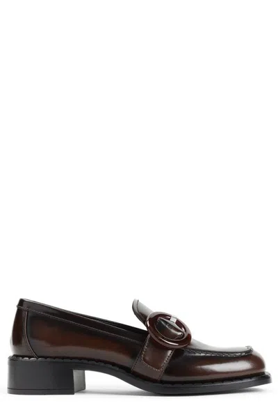 Prada Polished Brown Flat Shoes With Decorative Buckle
