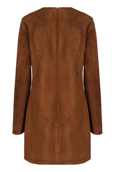 Gucci Brown Dress With Front Horsebit Details And All-over Gg Motif In Suede Woman In Brown
