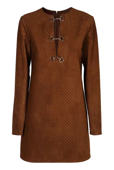 Gucci Brown Dress With Front Horsebit Details And All-over Gg Motif In Suede Woman In Brown