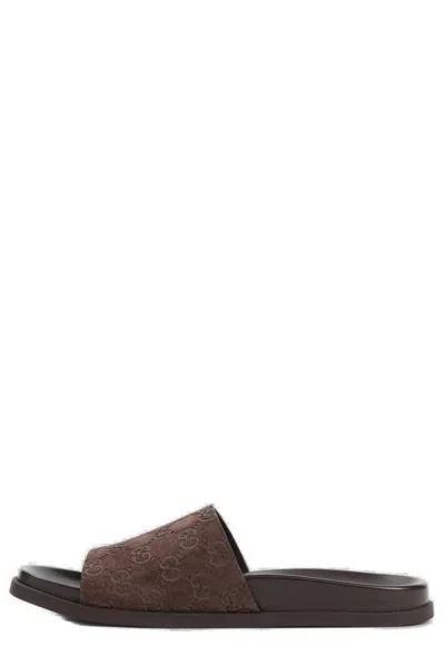Gucci Rhein Gg Suede Slides In Brown