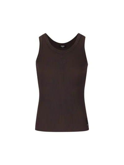 Fendi Stretch Ribbed Nylon Tank Top In Brown