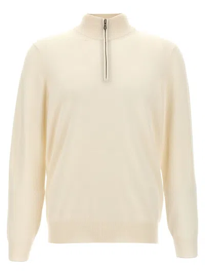 Brunello Cucinelli High-necked Cashmere Sweater With Zip Opening In White