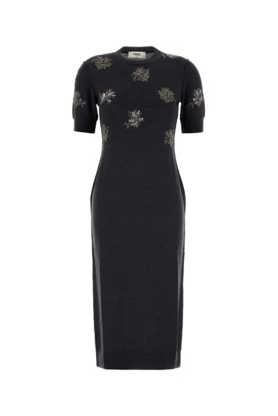Fendi Wool Dress With Embroidered Ribbed Hem And Short Sleeves
