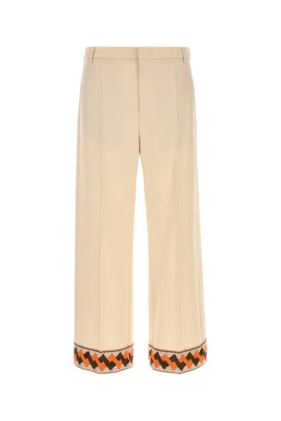 Valentino Wool Trousers With Embroidered Hem And Wide Leg In Neutral